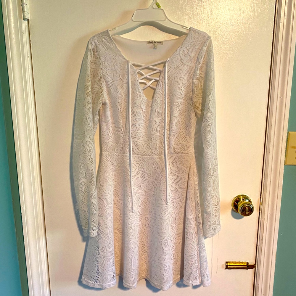 White lace, long sleeve Midi Dress.